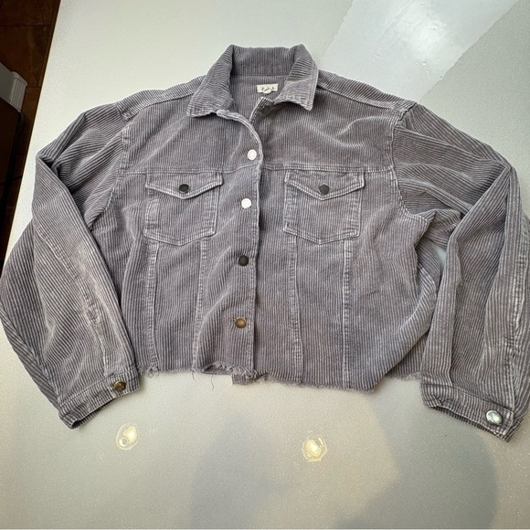 POL Jackets & Blazers - POL Heather Gray Corduroy Jacket Cropped Fringed Hem Oversized 100% Cotton